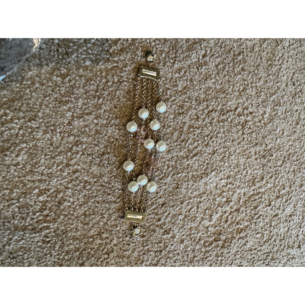 Gold Tone Multi Strand Faux Pearl and Pink Crystal Magnetic Clasp Bracelet